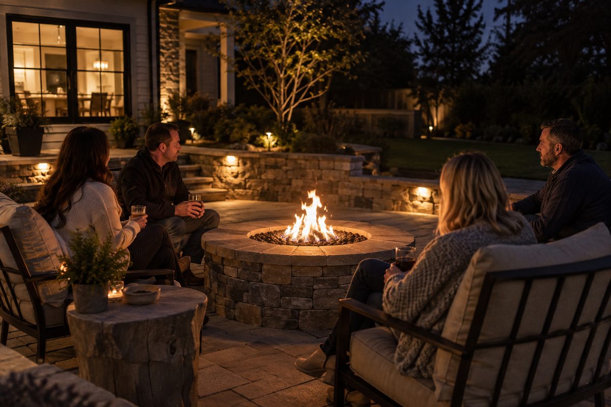 Finished fire feature set into a paved outdoor living area