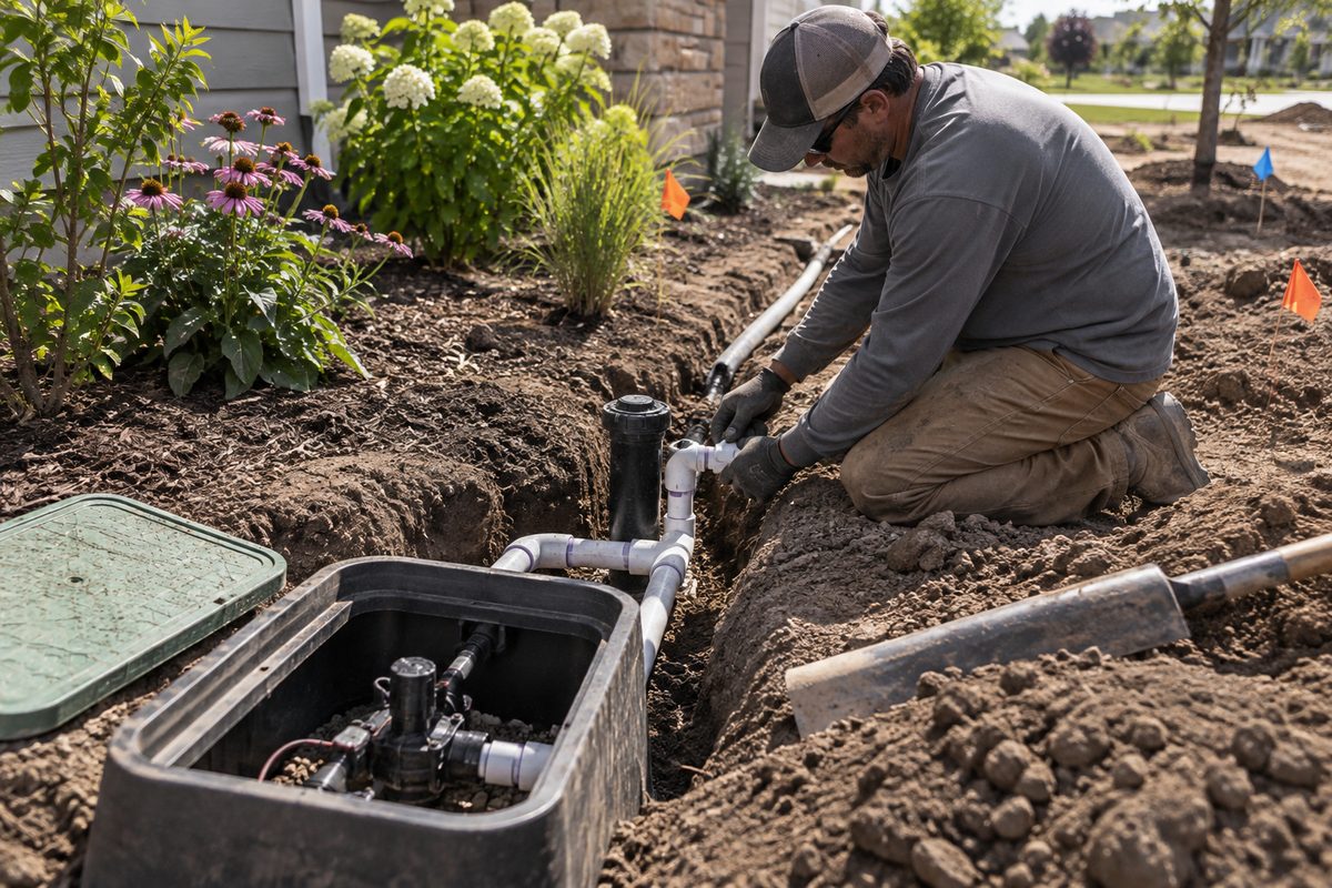Open irrigation trench with pipe and valve box beside a garden