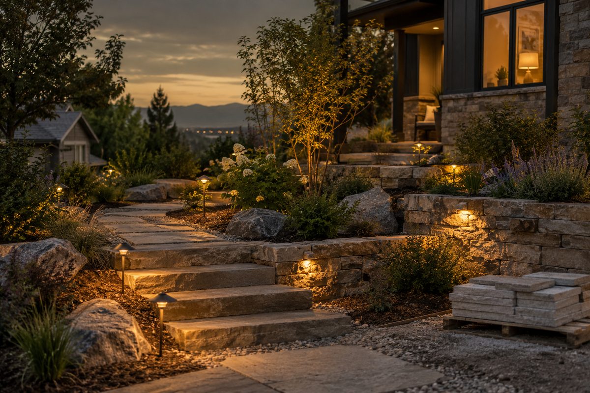 Warm landscape lights illuminating a path and planting at dusk