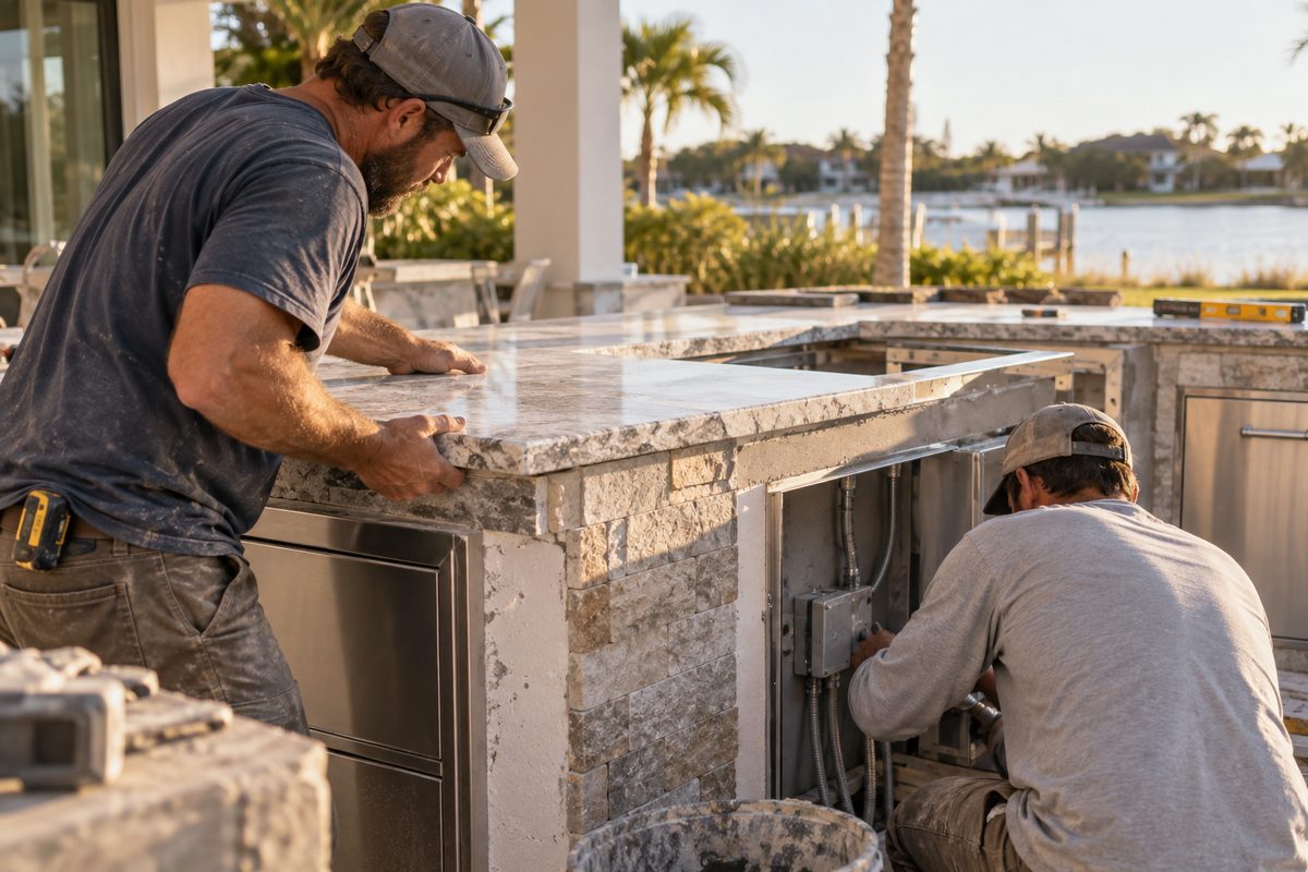 Worker fitting a counter and cabinets for an outdoor kitchen