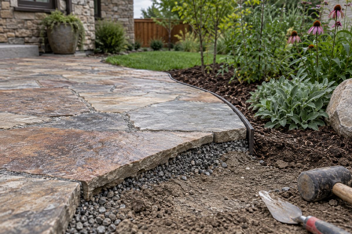 Worker fitting stone beside the edge of a patio under construction