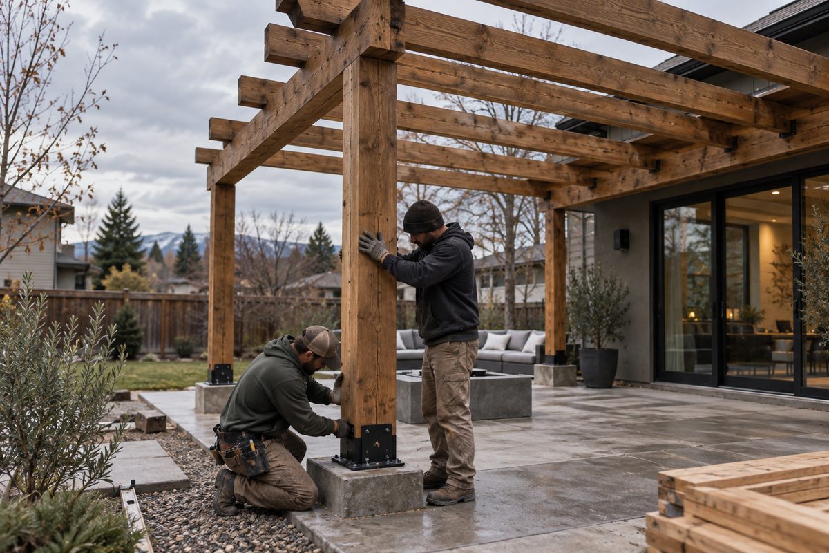 Crew setting timber posts for a pergola on a residential property