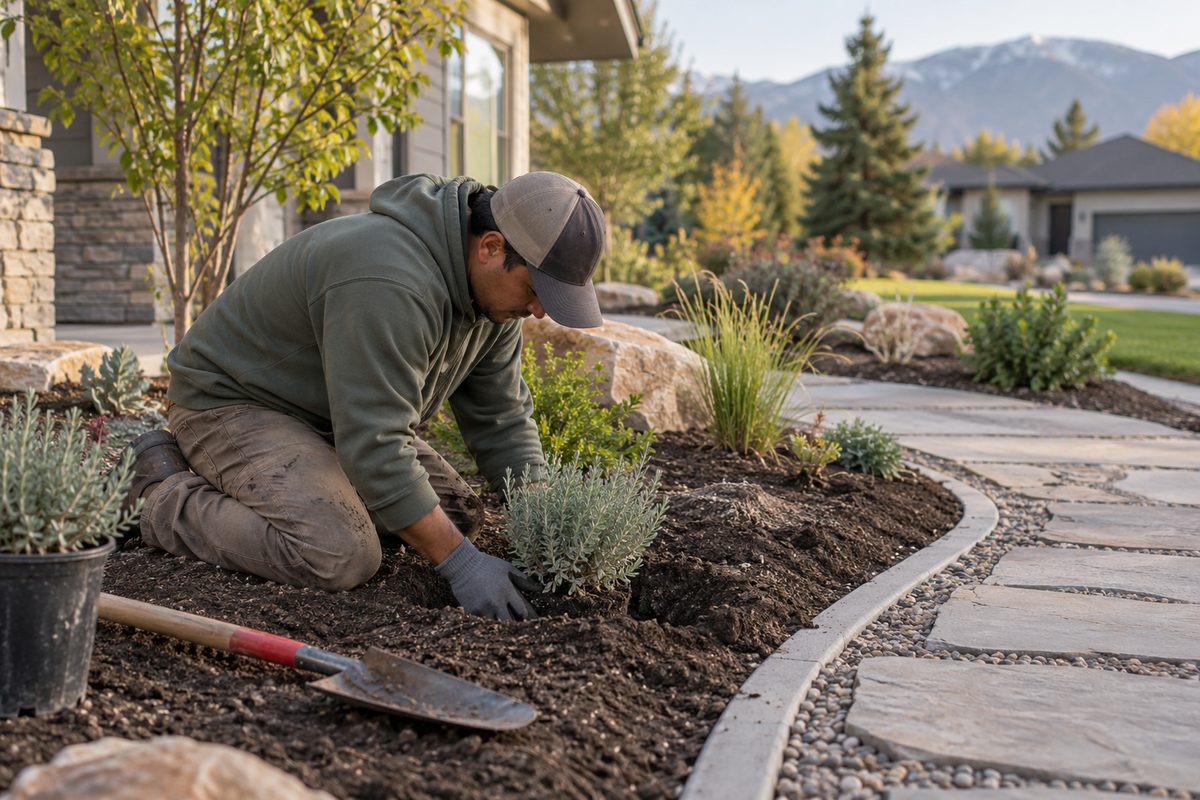 Crew member shaping soil for a new landscape planting bed