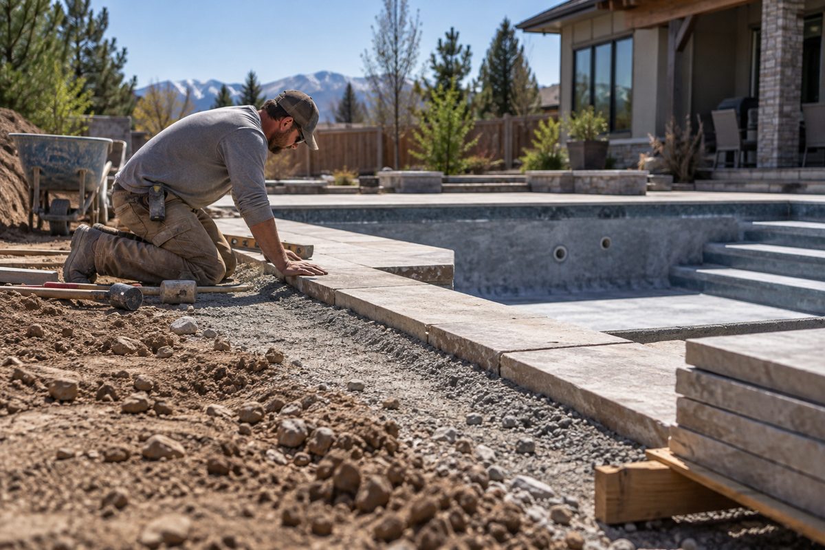 Unfinished pool surround with drainage preparation at the water edge